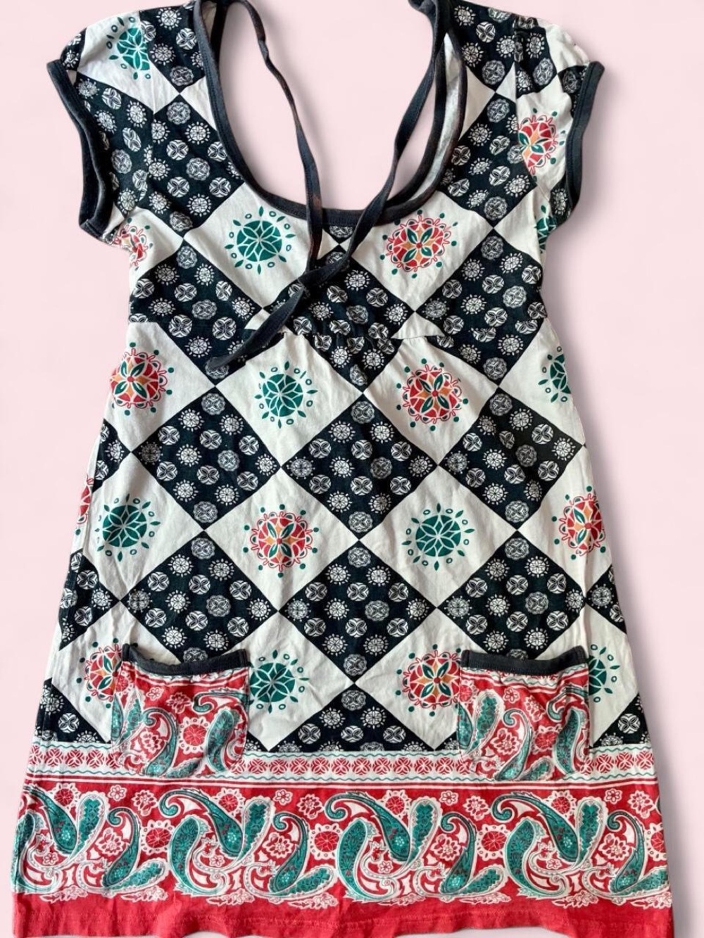 Heritage 1981 Black & White Diamond Dress with Teal & Red Accents